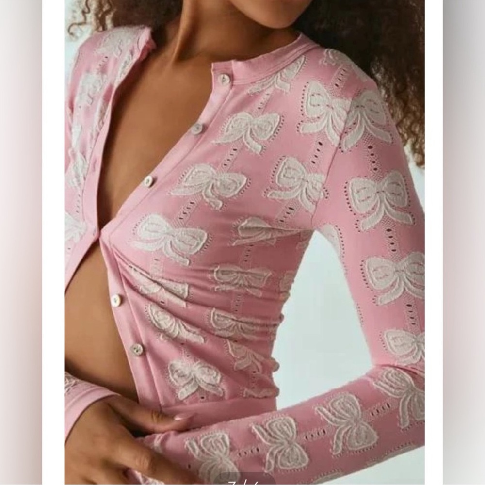 Free People Pink and White Bow Knit Top